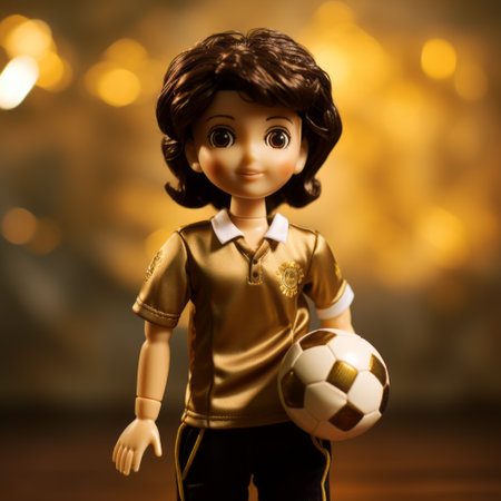 a small doll, with anime-inspired character designs, is seen playing with a soccer ball in this uhd image. the doll is beautifully crafted in dark gold and light gold tones, creating a visually striking contrast. the soft lighting enhances the portraits, while the use of fujifilm eterna 500t type 8573 film adds a touch of nostalgia. this blink-and-you-miss-it detail captures the charm of a disneyの素材