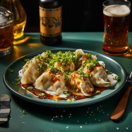 plate of dumplings on blue cloth with glass of beer. dark orange and light emerald color scheme. moody lighting enhances urban grittiness. pop-culture-infused scene captured with zeiss ikon zm camera. dumplings wrapped in oshare kei style. ai generatedの素材
