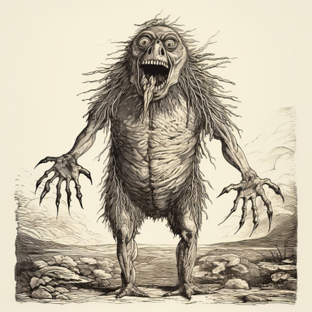 the monster in this photo resembles a creature straight out of an old-fashioned comic book or poster. its intricate details and spiky mounds give it the appearance of a late 19th-century engraving. the hyperrealistic illustrations and apocalyptic art style add to its whimsical character design. the solarization effect further enhances its unique and captivating visual appeal. ai generatedの素材