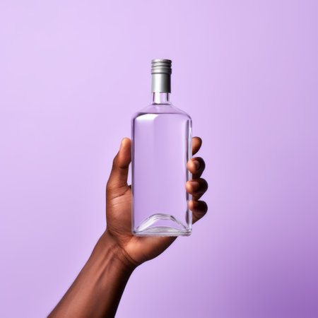 a hand holds a bottle of water on a purple background, showcasing the harlem renaissance style. the image features minimal retouching, with a light white and light pink color scheme. the shot was taken on 70mm film, highlighting the industrial and product design elements. the use of glass as a material adds texture to the composition. ai generatedの素材