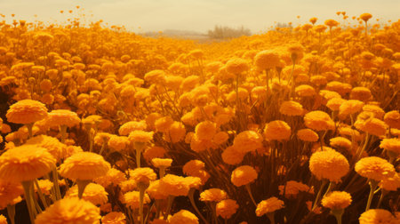 a field of yellow blooming flowers in the sun, with a light orange and gold color palette, reminiscent of alejandro jodorowsky's dreamy and romantic compositions. the monochromatic depth adds a psychedelic-inspired touch to the realistic scenery, creating a colorized and captivating image. ai generatedの素材
