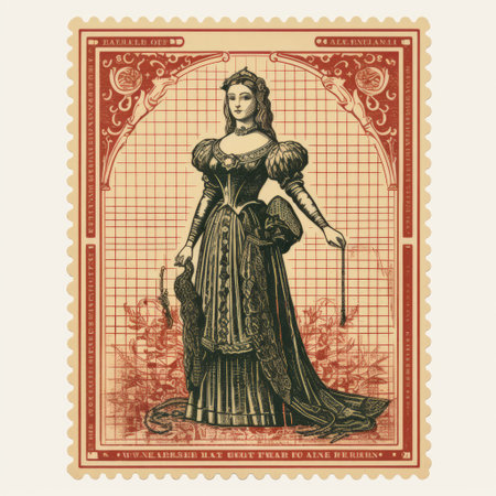 a queen-sized red postage stamp showcases a woman in a victorian-inspired outfit, beautifully illustrated with intricate pen strokes. this criterion collection artwork captures the essence of a renaissance-inspired draftsman, creating a historical illustration with timeless artistry. ai generatedの素材