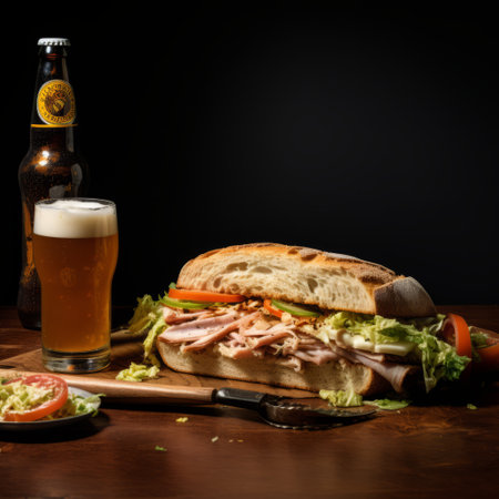 a turkey sandwich is showcased alongside a beer and a glass of soda, capturing the essence of precise craftsmanship. the photograph exudes a luminous sfumato effect, highlighting the exacting precision in its composition. the traditional poses of the subjects add a touch of authenticity, while the transportcore theme adds a raw and powerful element to the image. ai generatedの素材