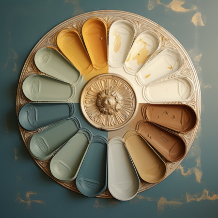 circular painted area showcasing a vibrant array of colors, including dark gold and light aquamarine. this artwork embraces revived historic art forms with its italianate flair and vintage aesthetics. muted earth tones create a harmonious backdrop, while photorealistic detail adds depth and realism. the sun-kissed palettes bring a warm and inviting atmosphere to this captivating piece. ai generatedの素材