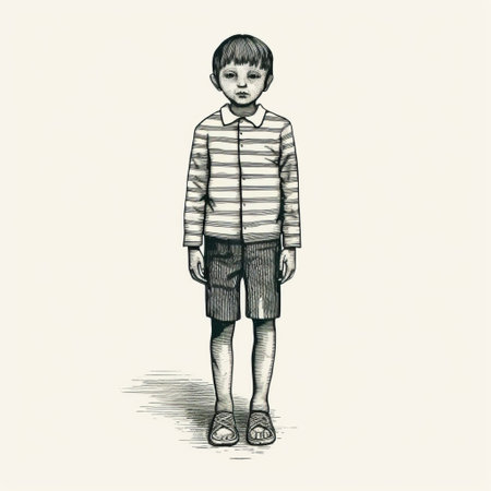 an old style drawing of a boy standing in front of the boy's body on an empty ground. the drawing is done in the style of horizontal stripes, with realistic and emotive portraits. it features detailed ink illustrations and character illustrations, capturing the essence of childhood arcadias in a beautifully detailed illustration. ai generatedの素材
