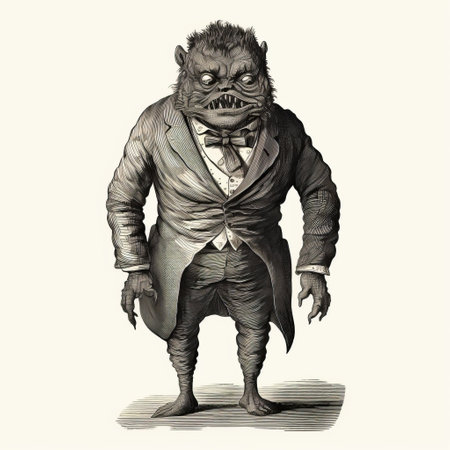 a monstrous monster in fancy dress, reminiscent of 19th-century style political satire prints. this dark gray artwork showcases intricate detailing and a full-body depiction. with elements of both frogcore and duckcore, this unique piece combines whimsy and precision in its portrayal. ai generatedの素材