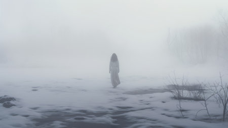 snow-covered landscape with a blue sky and fog, captured in the haunting figuratism style. the image features claire-obscure lighting, creating a sense of mystery and intrigue. inspired by horror, the white and gray tones evoke a cinematic atmosphere. the composition captures a wandering eye, with a mix of dark white and yellow hues. ai generatedの素材