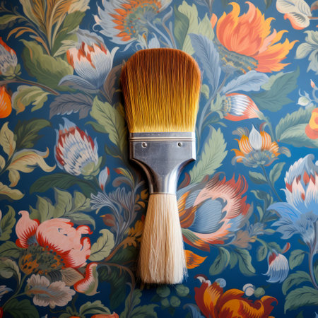 an old painting brush with purple blossoms, showcasing the style of light navy and orange, reminiscent of illusory wallpaper portraits. the bold and vibrant primary colors evoke the essence of the dutch golden age, while the hyperrealistic murals captivate with their highly detailed foliage. this artwork embodies the australian tonalism movement, creating a mesmerizing visual experience. ai generatedの素材