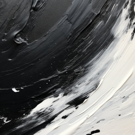 abstract black and white acrylic painting with gold leaf, inspired by close-up shots and colorful turbulence. this artwork, created in the style of serge marshennikov, showcases contrasting backgrounds and a captivating blend of black and white grayscale. a mesmerizing piece by a talented color-field painter. ai generatedの素材