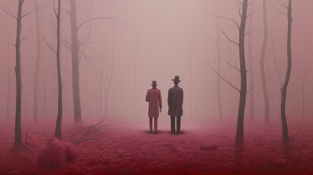 a man stands in a surreal red forest, surrounded by mysterious figures. the smokey background adds to the eerie atmosphere of the scene. this visually stunning photograph, reminiscent of the criterion collection, showcases pastel-colored landscapes and eerily realistic human figures. the high resolution of 3840x2160 ensures every detail is captured. ai generatedの素材