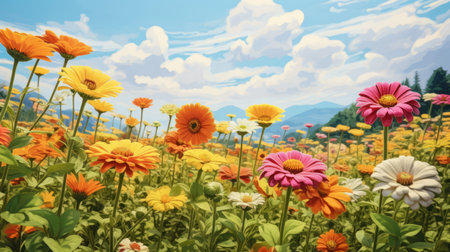 a vibrant and detailed painting capturing a colorful scene filled with an abundance of delicate flowers. this realistic and hyper-detailed rendering showcases the artist's skill in creating a mesmerizing landscape. the painting is done in a painterly style, reminiscent of color field paintings and soft realism. with its 32k uhd resolution, this artwork is a true masterpiece in the mingei tradition. ai generatedの素材