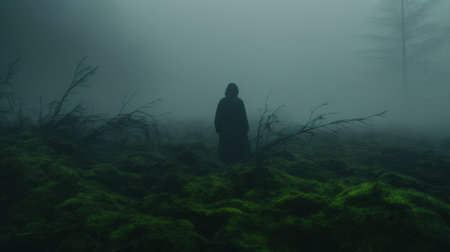 a person stands behind the bushes in the woods, creating a misty gothic atmosphere. this 8k resolution photo showcases dark green, otherworldly landscapes reminiscent of dramatic and somber religious works. with a touch of national geographic's aesthetic, the image is rendered in cinema4d, adding depth and realism to the scene. ai generatedの素材