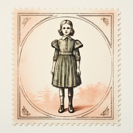 a shining new postage stamp featuring a victorian-inspired illustration in the style of the quito school. the design showcases softly organic and detailed character designs, digitally enhanced to bring out the realistic forms. this stamp captures the essence of a schoolgirl lifestyle. ai generatedの素材