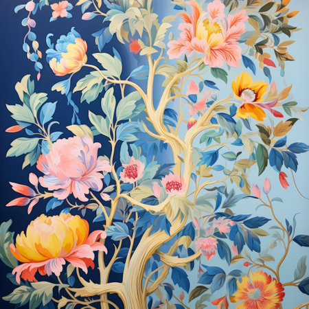 french style blue wallpaper with a lot of flowers, reminiscent of neon art nouveau and oleg shuplyak's style. this wallpaper also draws inspiration from traditional chinese painting, featuring light pink and yellow hues. the nature-inspired installations showcase twisted branches, evoking elements of mughal painting. ai generatedの素材