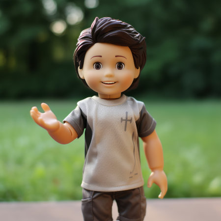 a girl's doll, in a sleek metallic finish, is captured in a photo-realistic style. the doll is seen holding a waving hand with its arm around its neck, showcasing its handsome features. the focus is on the joints and connections, highlighting the intricate craftsmanship. this unique creation combines elements of hikecore and furaffinity, resulting in a captivating tenwave aesthetic. ai generatedの素材