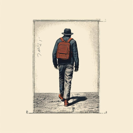 a person, adorned with a backpack, is captured in a vintage graphic design style. this photograph showcases intricate details reminiscent of portraitures and gravure printing. the subject's movement suggests a fusion of prairiecore aesthetics and foreshortening techniques. shot with a ricoh gr iii, this image exudes an illustrative quality. ai generatedの素材
