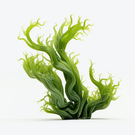 an abstract plant with grass inside a vase on a white background, resembling intricate underwater worlds. this unique artwork, created using zbrush, features wavy resin sheets and otherworldly creatures. the green vines add a surrealistic and grotesque touch to the overall composition. ai generatedの素材