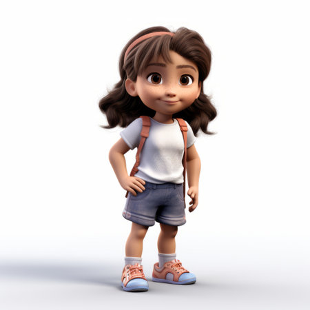 a cartoon character with a backpack, wearing shorts and sunglasses, is depicted in a realistic and detailed style. the character exudes childlike innocence and charm, with soft lighting enhancing the overall appeal. created using maya software, the artwork showcases elements of hispanicore and whitcomb-girls styles, resulting in a clean and visually pleasing image. ai generatedの素材
