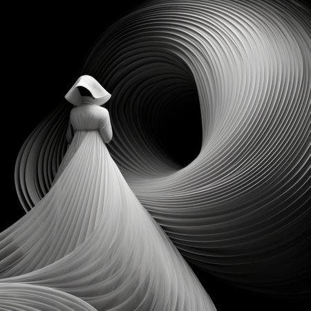 a black and white drawing of a person in a white dress standing amidst swirling lines and circles, reminiscent of the artistic styles of igor zenin and ray collins. this uhd image, rendered in cinema4d, showcases the delicate details of porcelain and flowing fabrics, evoking a sense of enchantment found in fairy tale illustrations. ai generatedの素材