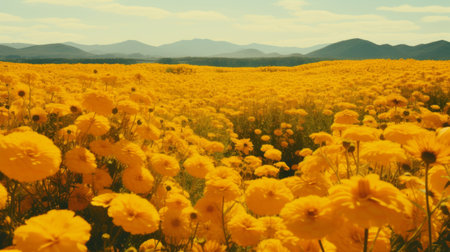 a vibrant flower field in a yellow hue, set against the backdrop of majestic mountains. this picturesque scene captures the essence of anime aesthetic, with influences from renowned cinematographer roger deakins and photographer mandy disher. the ultra-high-definition (uhd) image, reminiscent of jamie hawkesworth's work, showcases a unique flowerpunk vibe with a striking combination of turquoise and yellow tones. ai generatedの素材