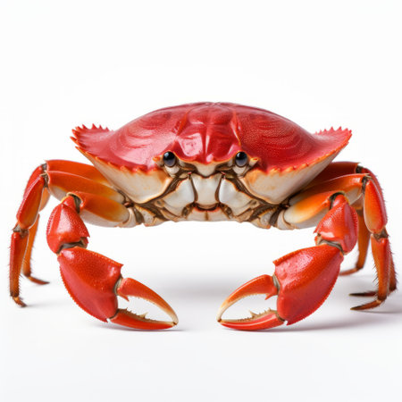red crabs are captured in this photo, set against a white background. the image showcases the crabs in a style reminiscent of national geographic photography. the composition follows the aesthetic of mori kei, with a photo-realistic still life approach. the crabs exhibit strong facial expressions, while the bold color scheme and exaggerated proportions add to the overall beauty of the image. ai generatedの素材