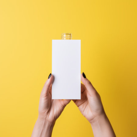 women hands holding an empty card template on a vibrant yellow background. the photo showcases a unique blend of liquid light emulsion and industrial design, resulting in captivating lighting effects. this portrait miniature, captured with a sigma 105mm f/1.4 dg hsm art lens, exudes a drugcore aesthetic. the high-resolution 32k uhd image highlights the intricate details of the card template. ai generatedの素材