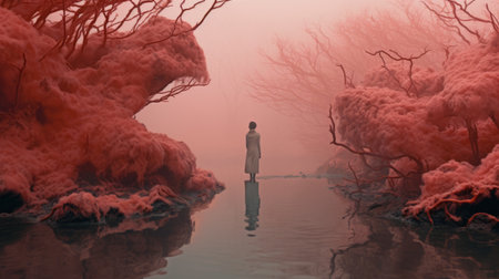 a man stands in the water below the tree line, surrounded by an ethereal and dreamlike atmosphere. the photograph, rendered in cinema4d by tetsuo hara, showcases a blend of light pink and light crimson hues. the portraitures are photographically detailed, creating a dreamlike scenery reminiscent of the works of hans christian andersen. ai generatedの素材