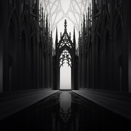 a black cathedral with two windows stands in a surreal 3d landscape, showcasing monochromatic symmetry. the misty gothic atmosphere is enhanced by the contrasting shades of dark white and dark gray. the passage exudes an eerie ambiance, with luminous shadows adding to the mystique. it's a captivating blend of metropolis and nature. ai generatedの素材