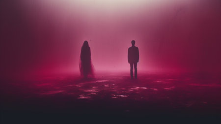 two young people, resembling ethereal and ghostly figures, stand behind a pink wall illuminated by a red light. the scene evokes a sense of mystery and romance, with its dramatic atmospheric perspective and misty surroundings. the composition is reminiscent of cinematic landscapes, creating a captivating and enigmatic image. ai generatedの素材