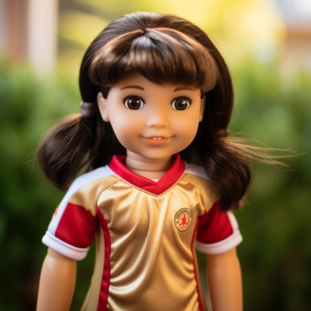 soccer doll portrait of an american girl captured in the style of nikon d850. the doll is adorned in light red and light gold attire, set against tranquil gardenscapes. the photo showcases the vibrant chinese new year festivities, highlighting its multicultural essence. with princesscore aesthetics and blink-and-you-miss-it details, this portrait is a captivating visual delight. ai generatedの素材