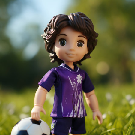 child doll holding a soccer ball, resembling a disney animation character, is captured in a dark purple hue using unreal engine 5. the photo, taken by peter lely, showcases blink-and-you-miss-it details. shot with provia, the image reflects the artistic style of moyoco anno. ai generatedの素材
