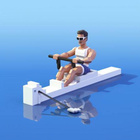 a boy, wearing a long white sleeve, is seen riding a rowing machine in this voxel art style photograph. the image showcases hyper-realistic water and a matte finish, emphasizing the raw character of the scene. the realistic blue skies provide a striking contrast to the flat forms, creating a sense of symmetry and balance. ai generatedの素材