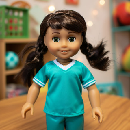 american girl doll wearing a pink shirt and blue shorts, showcasing a dark turquoise and light white color scheme. the doll's outfit is inspired by medical themes, featuring flat areas of color. with a singular focus, this doll embodies the smilecore aesthetic, influenced by the new york school. the vibrant emerald and bronze accents add a touch of elegance to the overall look. ai generatedの素材