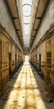 an abandoned cage in the hallway is depicted in this realistic and detailed rendering by alfred augustus glendening. the light yellow and brown tones create a somber atmosphere, reminiscent of imaginative prison scenes. the uhd image showcases the artist's skill in perspective rendering and orderly symmetry. ai generatedの素材
