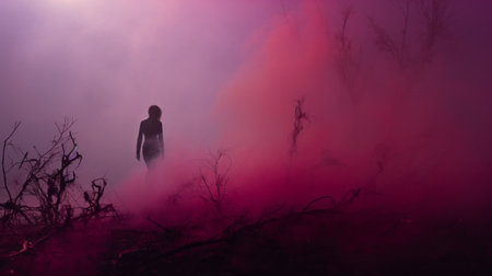 a photograph by tatiana darcelle featuring pink smoke in a mysterious jungle. this apocalyptic landscape captures intensely colorful figuration and intense shadows. shot with a sony fe 12-24mm f/2.8 gm lens, the image showcases a minimalist monochromatic aesthetic with burned and charred elements. ai generatedの素材