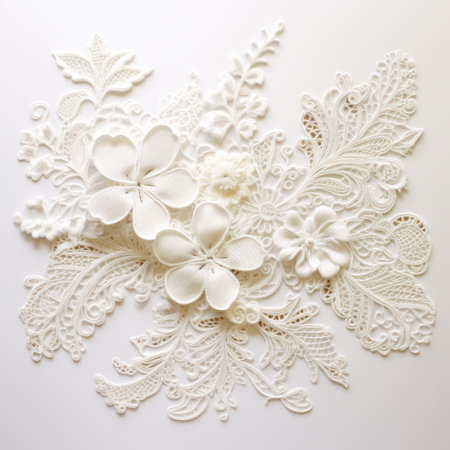 a white floral sculpture, inspired by textured fabrics and intricate compositions, stands on a white background. this photorealistic pastiche showcases intricate penwork and felt creations, reminiscent of baroque compositions. the sculpture's texture-rich composition adds depth and visual interest. ai generatedの素材