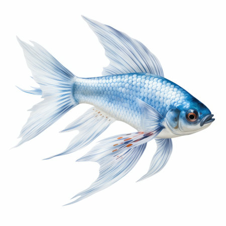 a blue fish with white stripes swims gracefully in this hyper-realistic animal illustration. the layered translucency adds depth to the detailed character illustration, while the white background enhances the flowing brushwork. the fish's colors, light silver and light crimson, give it a magical, fairy tale-like quality. ai generatedの素材