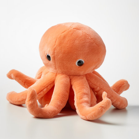 a close-up photograph of a plush octopus stuffed animal, showcasing its charm and character. the toy is placed on a pristine white background, highlighting its features. the attention to detail, texture, and lighting make the octopus appear soft and huggable. the composition brings out the playful and endearing nature of this cuddly toy, creating an inviting and heartwarming image. ai generatedの素材