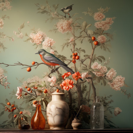 a painting by jeanchristian etienne featuring detailed background elements of birds, flowers, and tabletop photography. the style is reminiscent of oriental minimalism, with a uhd image showcasing light emerald and orange tones. this classic still-life captures the beauty of nature and intricate details. ai generatedの素材