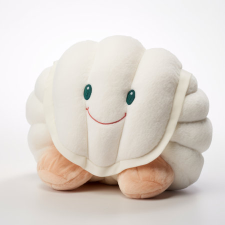 plush clam stuffed animal: a close-up photograph showcasing the charm and character of a cuddly toy. placed on a pristine white background, the image highlights the soft and huggable features of the clam. with attention to detail, texture, and lighting, this heartwarming composition captures the playful and endearing nature of the plush toy, inviting viewers to embrace its irresistible appeal. ai generatedの素材