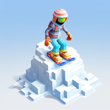 a person wearing winter gear stands on top of snow in this vibrant voxel art image. the artwork features hyper-realistic details, vibrant color gradients, and soft, rounded forms. the isometric perspective adds depth to the scene, while the monolithic structures create a visually striking composition. jump cuts enhance the dynamic feel of the image. ai generatedの素材