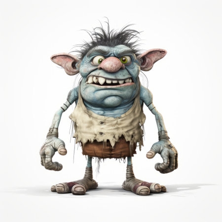 3d troll image art featuring a whimsical and satirical cartoon character. this 3d illustration, inspired by the styles of florian nicolle, warwick goble, and fairy tale illustrations, showcases a unique blend of dark, white, and sky-blue tones. with influences from satirical caricatures and gary larson's work, this artwork is a captivating and visually striking piece. ai generatedの素材