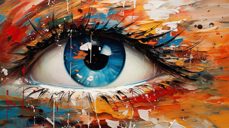 blue eye colorful hand illustration on white canvas, in the style of palette knife, featuring dark orange and beige tones. this uhd image showcases realistic figurative paintings, capturing the intricate details and vibrant colors of the artwork. ai generatedの素材
