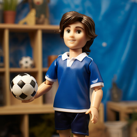 a toy boy, in the style of realistic lifelike figures, holds a soccer ball in his hand. the scene is dynamic and action-packed, with a color palette of light navy and light brown. the toy boy's authentic details and groovy style add to the overall appeal. perfect for fans of princesscore and cabincore aesthetics. ai generatedの素材
