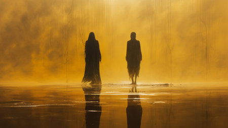 two shadowed figures, bathed in the warm hues of a sunset, stand in the water. this ethereal horror-inspired photo captures the essence of darkness and mystery. the dark yellow and gold tones add an eerie touch, while the dripping paint creates a sense of fluidity. the mist-like quality of the figures gives them an otherworldly appearance. this nature-inspired installation evokes a sense of historical drama,の素材