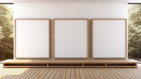 an empty room with three wood panels in the window, featuring large canvas sizes for collecting and displaying portrait paintings. the room is designed in a minimalist style, with light bronze and white tones inspired by advertising. the spot metering technique enhances the overall aesthetic, creating an anti-clutter atmosphere. ai generatedの素材