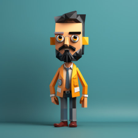 a polygonal guy with a beard and jacket, rendered in a cartoonish style using cinema4d. this sketchfab creation showcases the fusion of industrial and product design, resulting in adorable toy sculptures. the synthetist innovator behind this artwork has meticulously crafted photographically detailed portraitures. ai generatedの素材