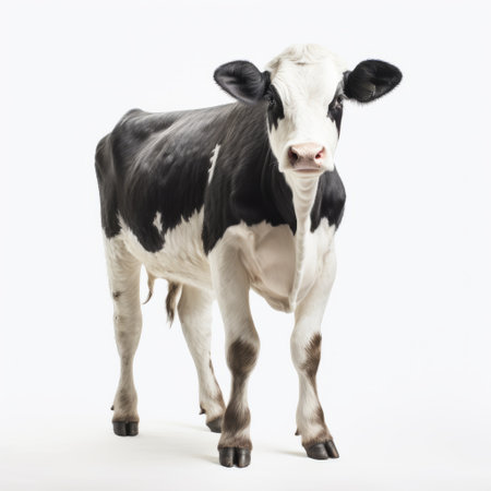 a cow stands against a white sheet of paper in the style of 8k resolution. the photograph is captured using a graflex speed graphic camera, resulting in a petcore aesthetic. the cow's repetitive pattern and babycore elements create a visually striking image. the color palette consists of light silver and black, with a mottled texture. ai generatedの素材