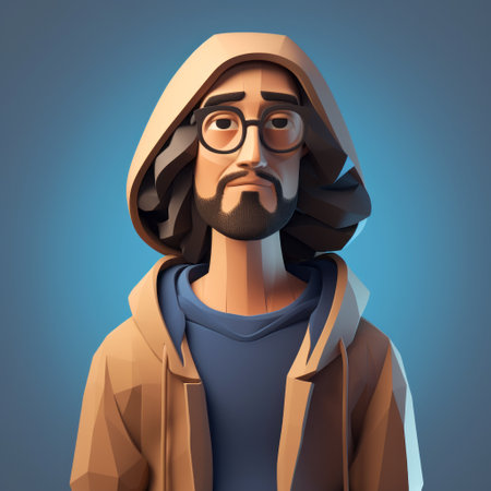 a low poly boy wearing glasses, eye patches, and a hood, depicted in an abstract and colorful style reminiscent of a sculptor's work. the portrait showcases a blend of realistic features and organic sculpting techniques. the color palette consists of light brown and navy tones, while the scene evokes a street setting with botticelli-esque figures. the portrait is hyper-detailed and realistic in its execution. aiの素材
