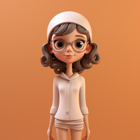 a cartoon girl with a child-like innocence is depicted in this 32k uhd image. she is wearing a shirt and glasses, and the artwork has a retro feel reminiscent of realistic sculptures. the light white and light orange tones add to the nostalgic vibe. the cartoonish character design captures the essence of the 1970s to the present era. ai generatedの素材